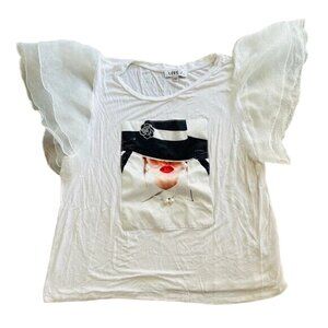 Love J. Women's White Ruffle Sleeve Graphic Blouse Size XL